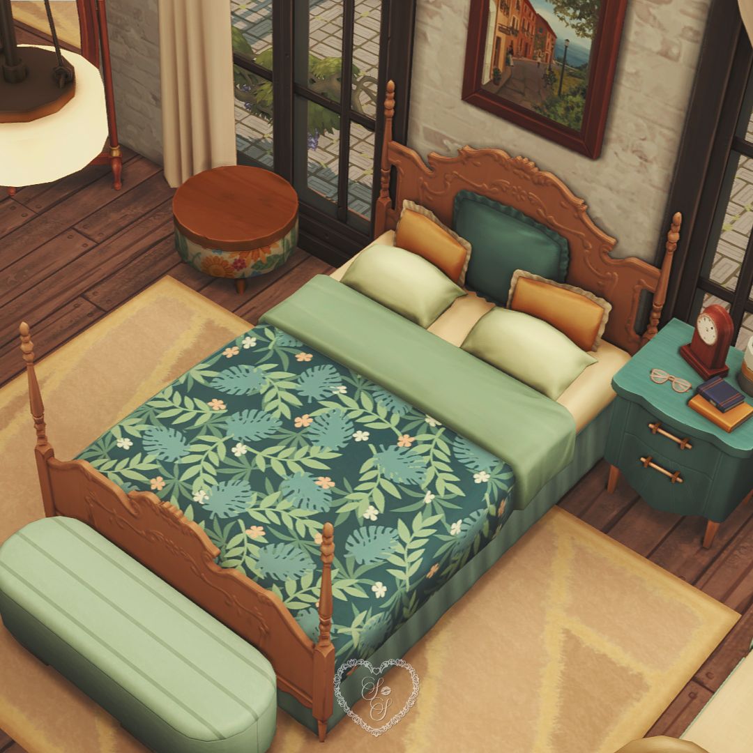 Floral-themed bedroom featuring wood bed frame and golden accents