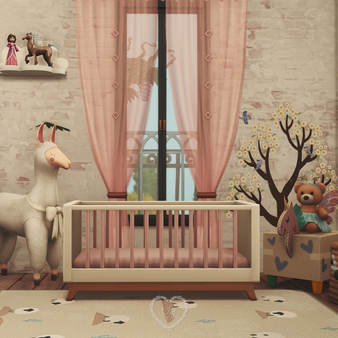 Soft pink nursery in with a wooden crib, pastel llama plushie, toy storage, and whimsical floral decals on the wall.