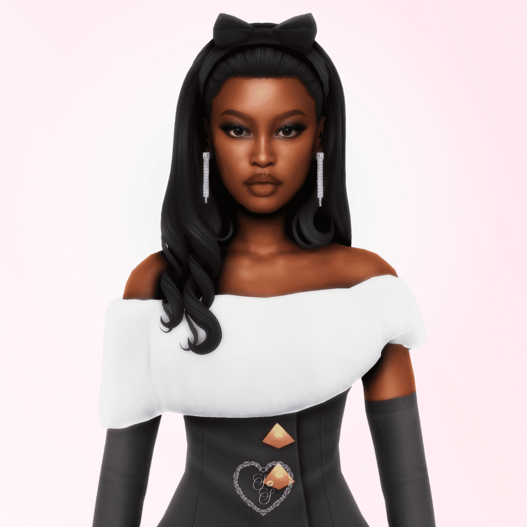 A close-up portrait of a Sims 4 Sim inspired by Coco Jones, featuring soft glam makeup, long black hair with a bow, and diamond earrings.