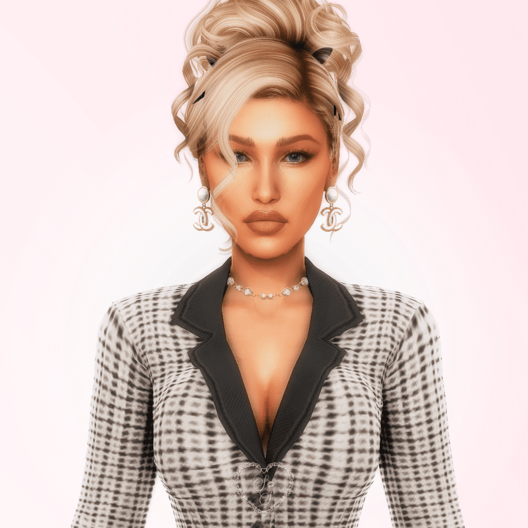 A Sims 4 Sim with voluminous blonde curls, pearl and gold earrings, and a checkered deep-plunge blazer poses confidently against a blush pink background.