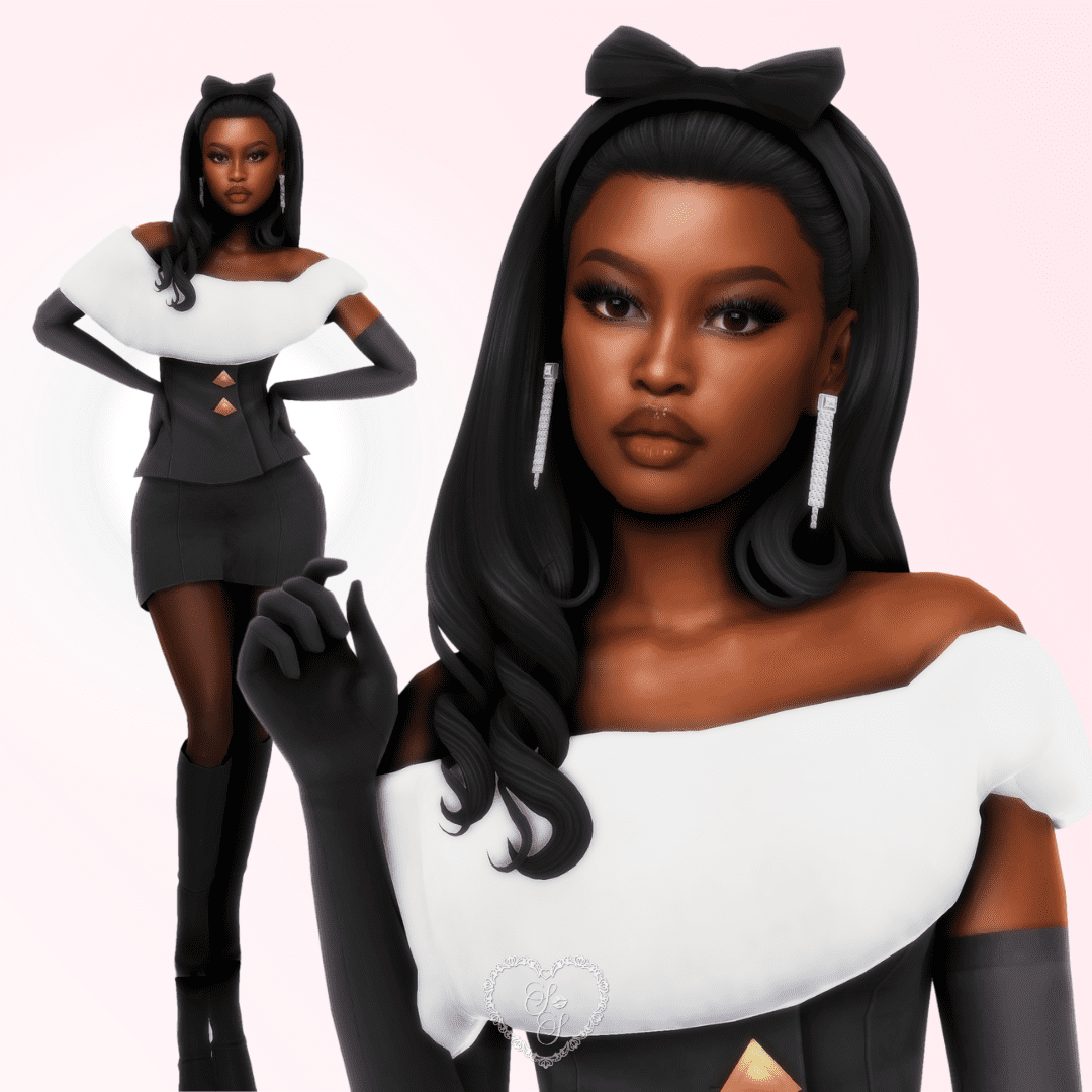 A dual image showing Coco’s confident full-body pose in a black and white outfit, paired with a close-up of her elegant expression.