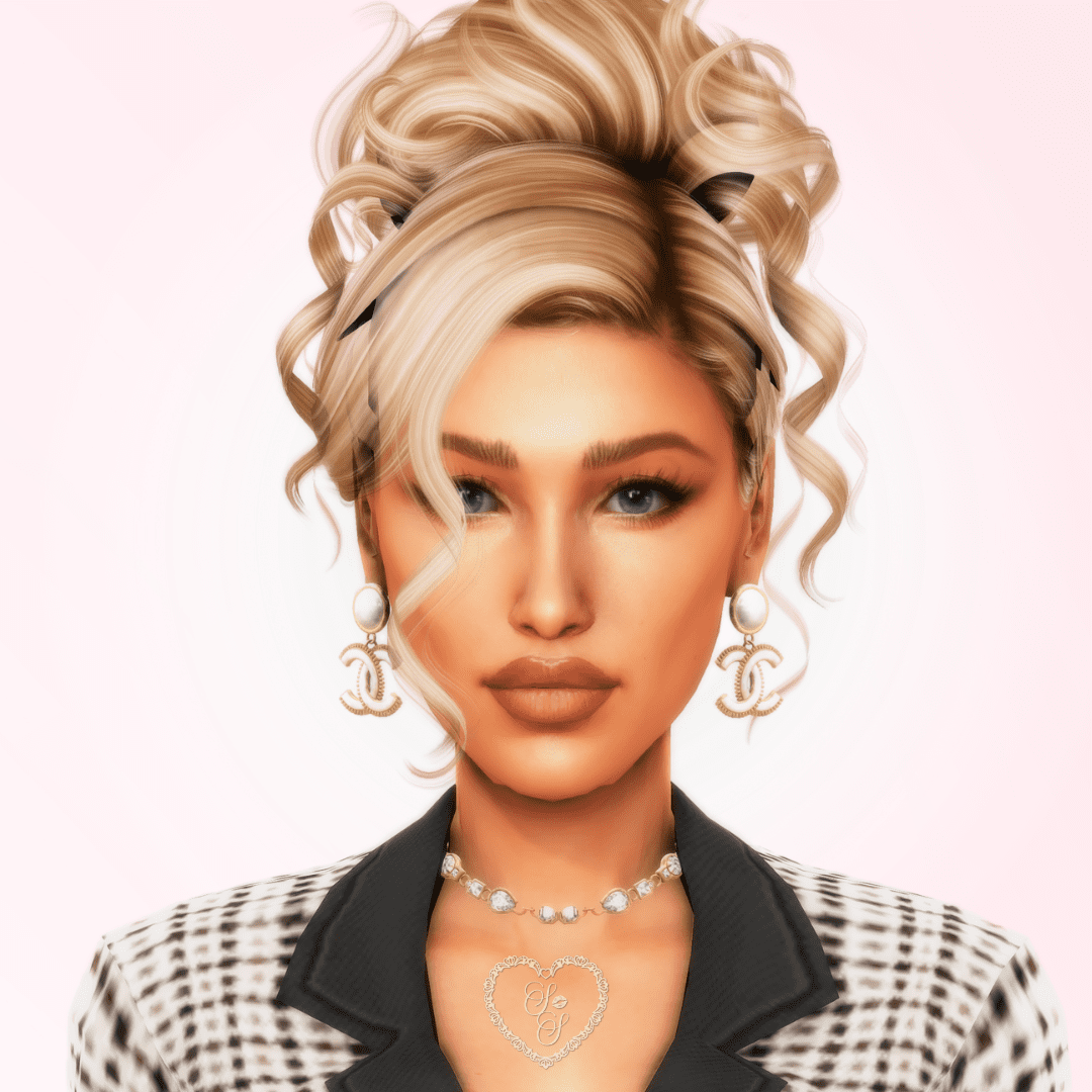Close-up portrait of a glamorous Sims 4 blonde sim with glossy lips, styled curls, and pearl Chanel-inspired earrings.