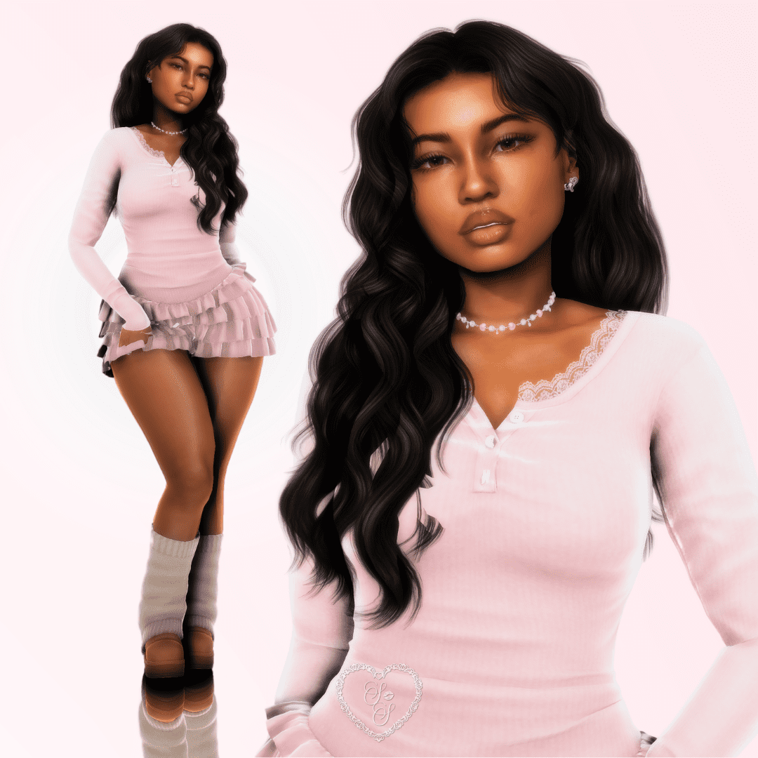 Cheyanne Douglas poses twice in one frame, one with a full-body shot in cozy boots and ruffled mini skirt, and one close-up showing her glowy makeup and pearl choker.