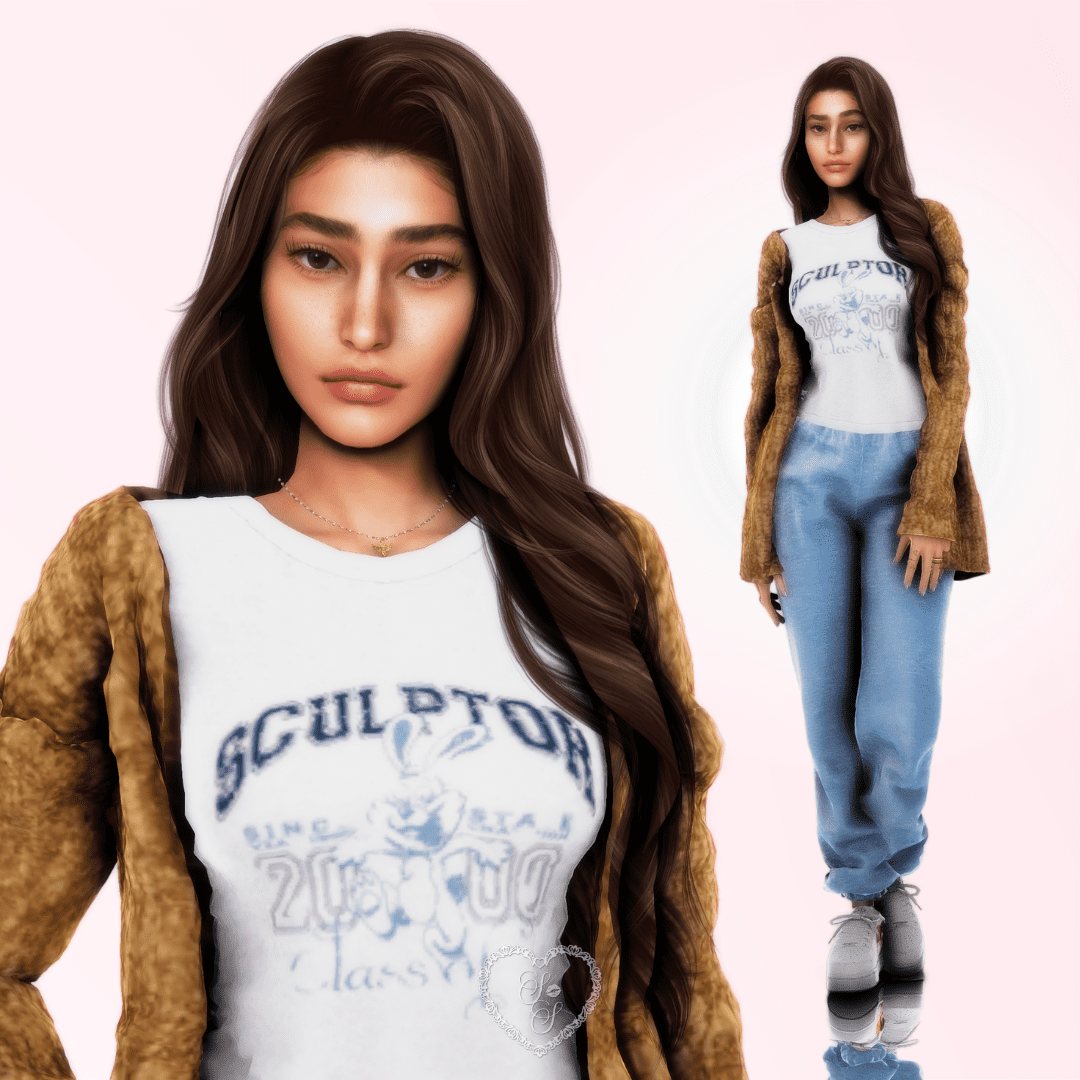 Dual portrait of Amira Khalil—one close-up and one full-body—showing her relaxed Sims 4 style with a vintage tee, oversized cardigan, and light-wash sweatpants.