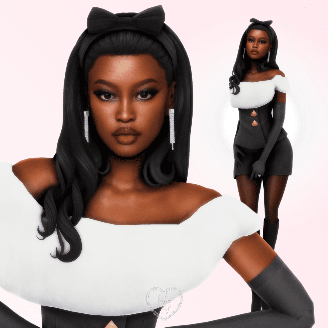 Coco’s Sims 4 version glances over her shoulder with a soft but fierce look, showcasing her glamorous holiday outfit.
