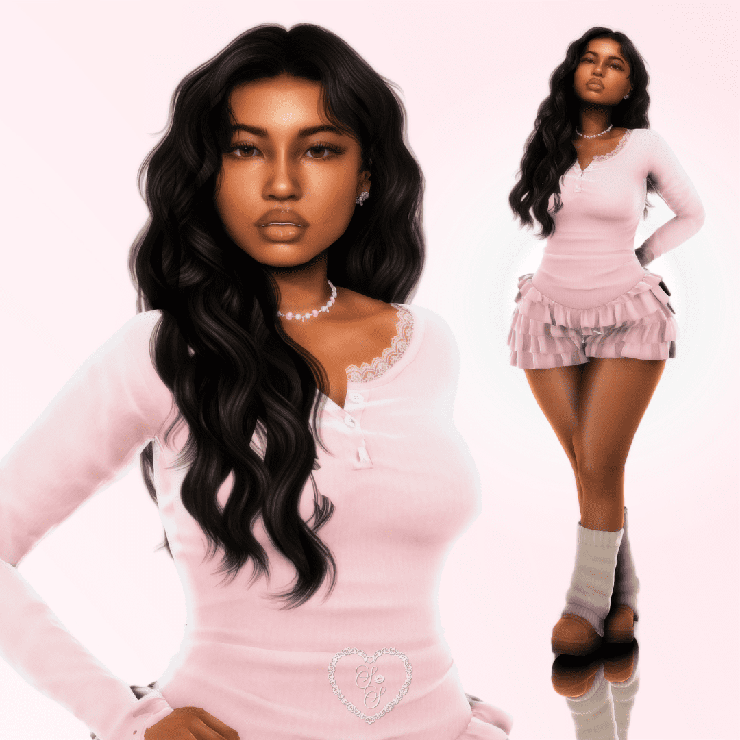 Two views of Cheyanne Douglas in a romantic ruffled outfit, styled for Sims 4 legacy gameplay with soft lighting and a glam, comfort-core aesthetic.
