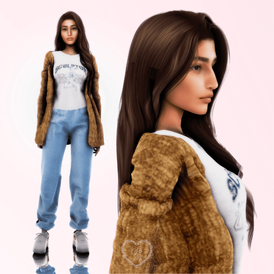 Side profile and full-body view of Amira Khalil, styled in a vintage bunny tee, textured cardigan, and light joggers, striking a soft and thoughtful pose.
