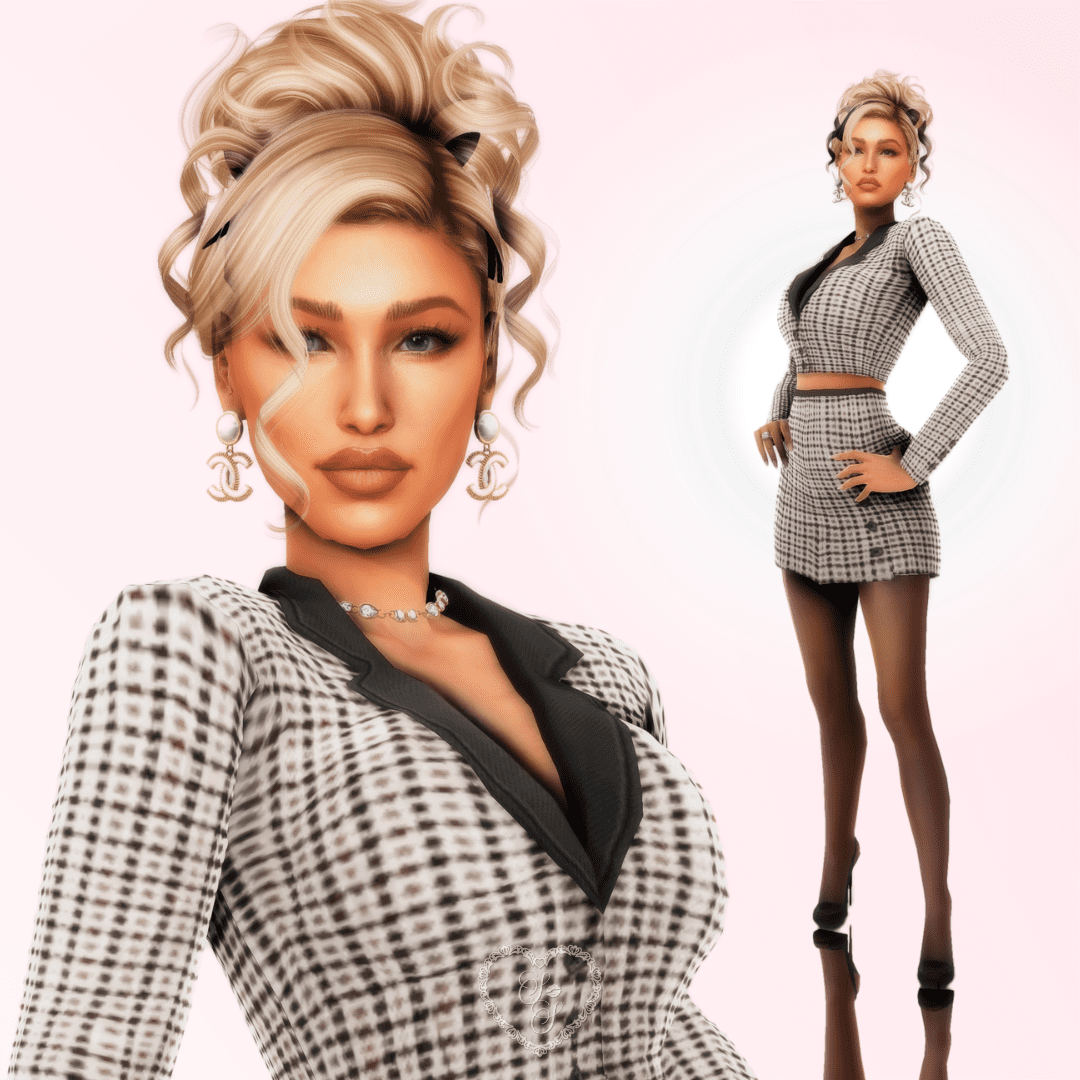 A chic blonde Sim wearing a cropped checkered blazer and matching mini skirt strikes a confident pose, showing off her Sims 4 glam office aesthetic.