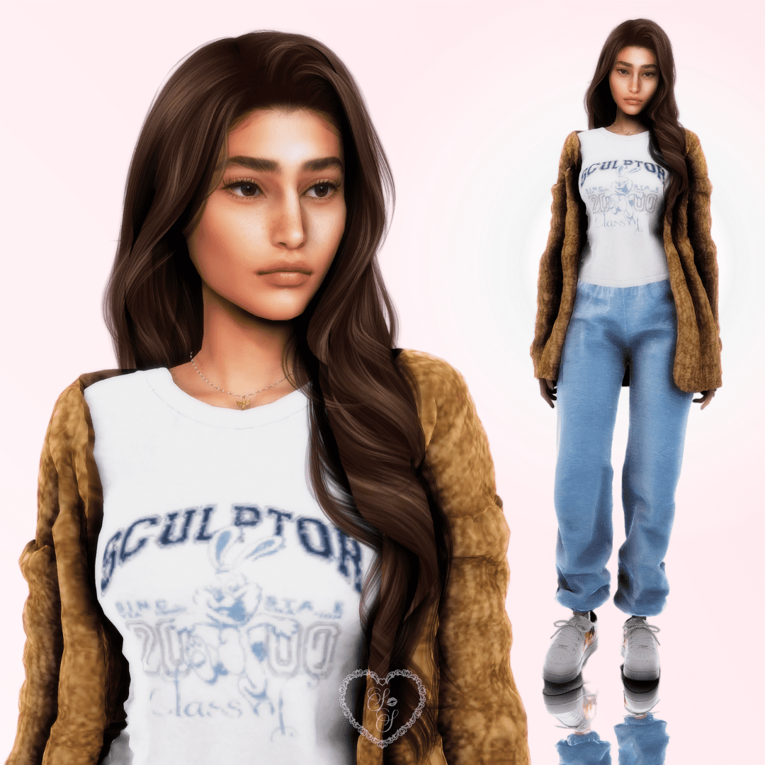 Amira Khalil gazes ahead in a neutral expression, paired with a second full-body shot showing her comfy, layered outfit and natural beauty.