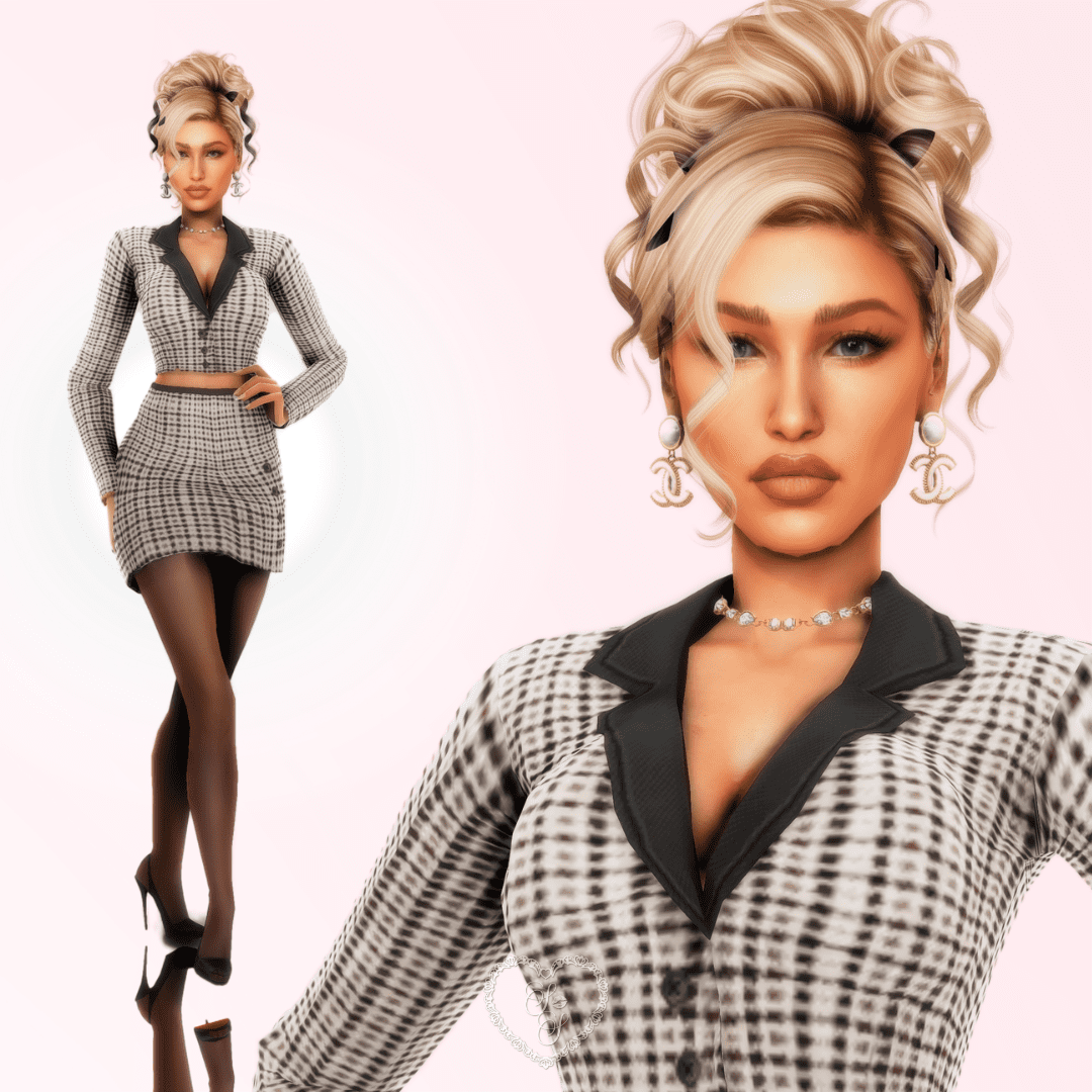 Sims 4 Sim close-up and full-body in a business-casual checkered set with sheer tights and stilettos, exuding boss energy.