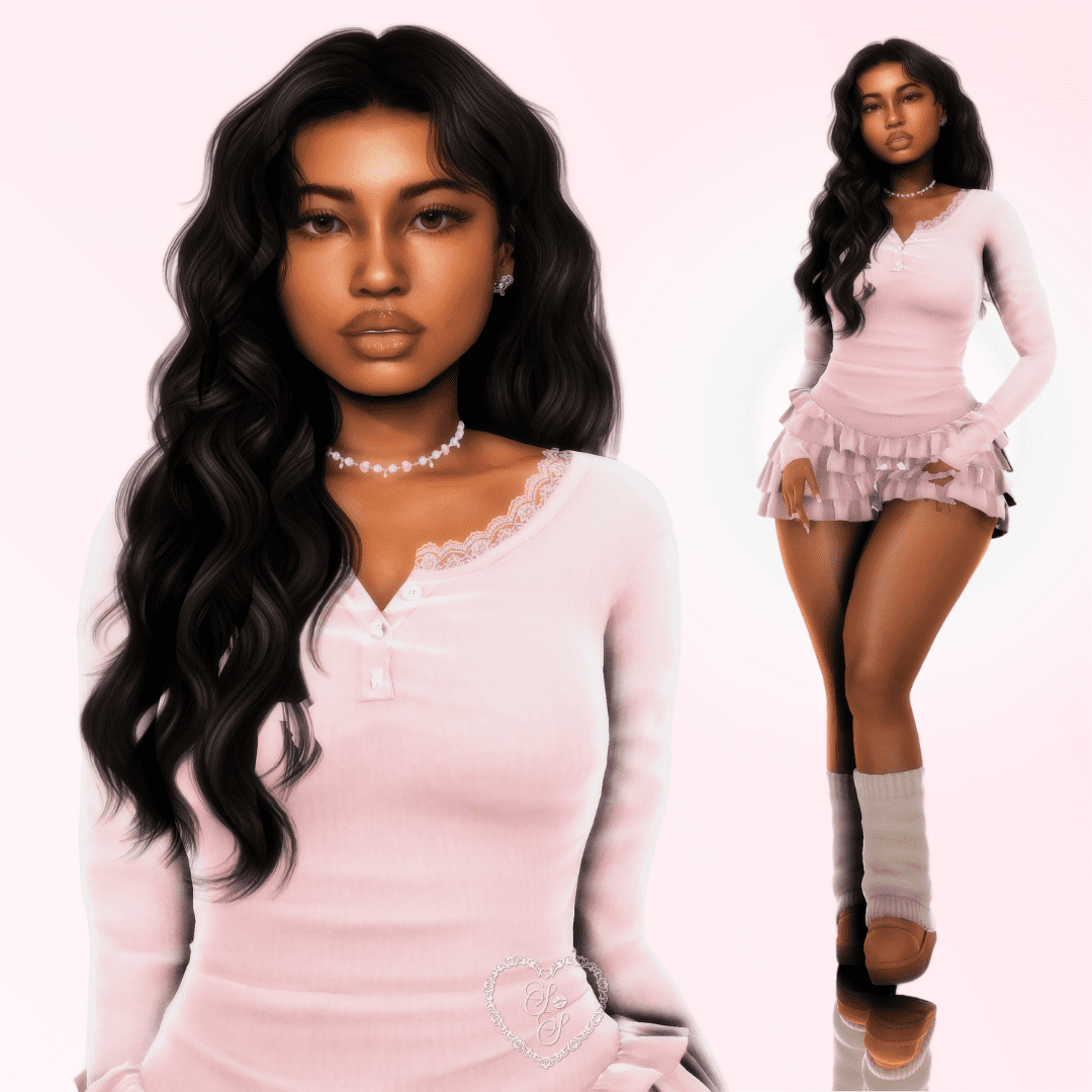 Full-body and close-up view of Cheyanne Douglas, a downloadable Sims 4 sim, showing off her soft pink outfit and long black curls.
