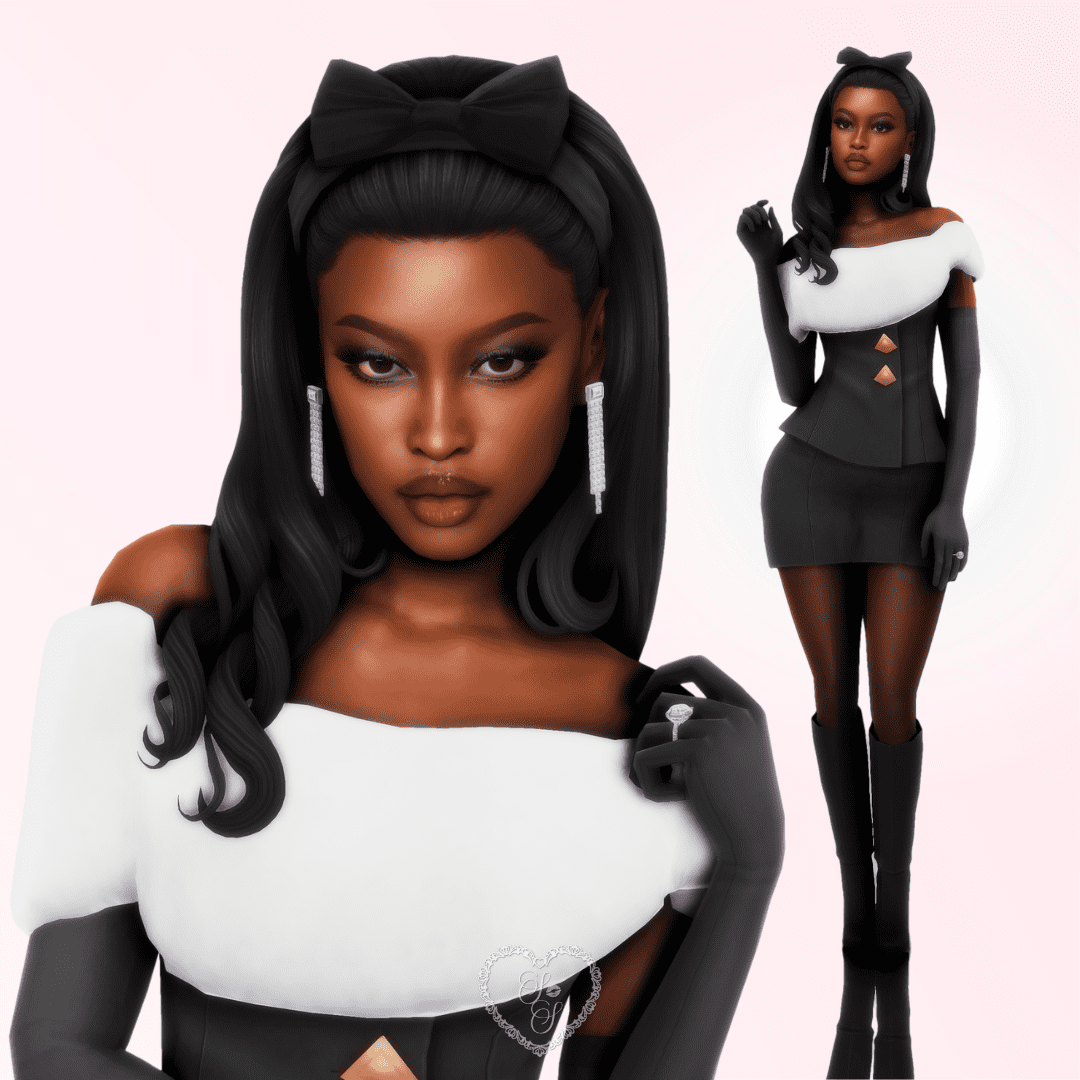 A close-up of Coco's intense stare paired with a full-body pose—perfect for any Sims 4 gameplay with a fashion-forward vibe.