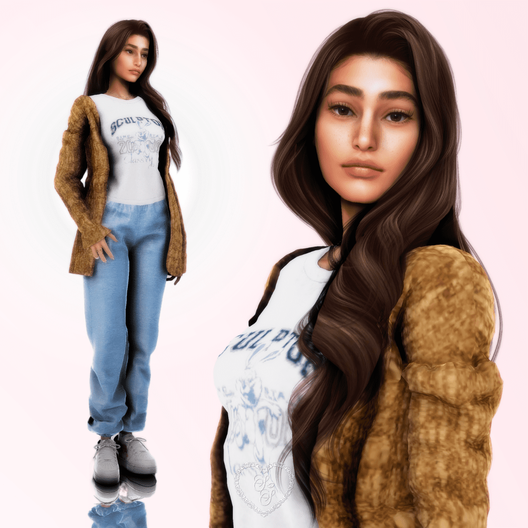 Full-body and close-up shot of Sims 4 sim Amira Khalil with a soft expression, flowing brown hair, and a relaxed, cozy outfit that radiates everyday beauty.