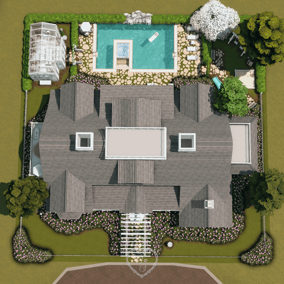 Overhead view of the estate showing the entire house layout, backyard pool, and greenhouse surrounded by symmetrical garden beds.