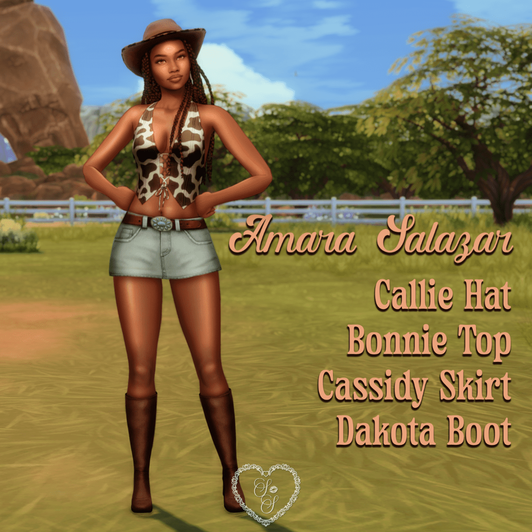 Sim named Amara wears a cowprint Bonnie top, denim Cassidy skirt, and boots, styled in a playful country look with braided hair and a cowboy hat.