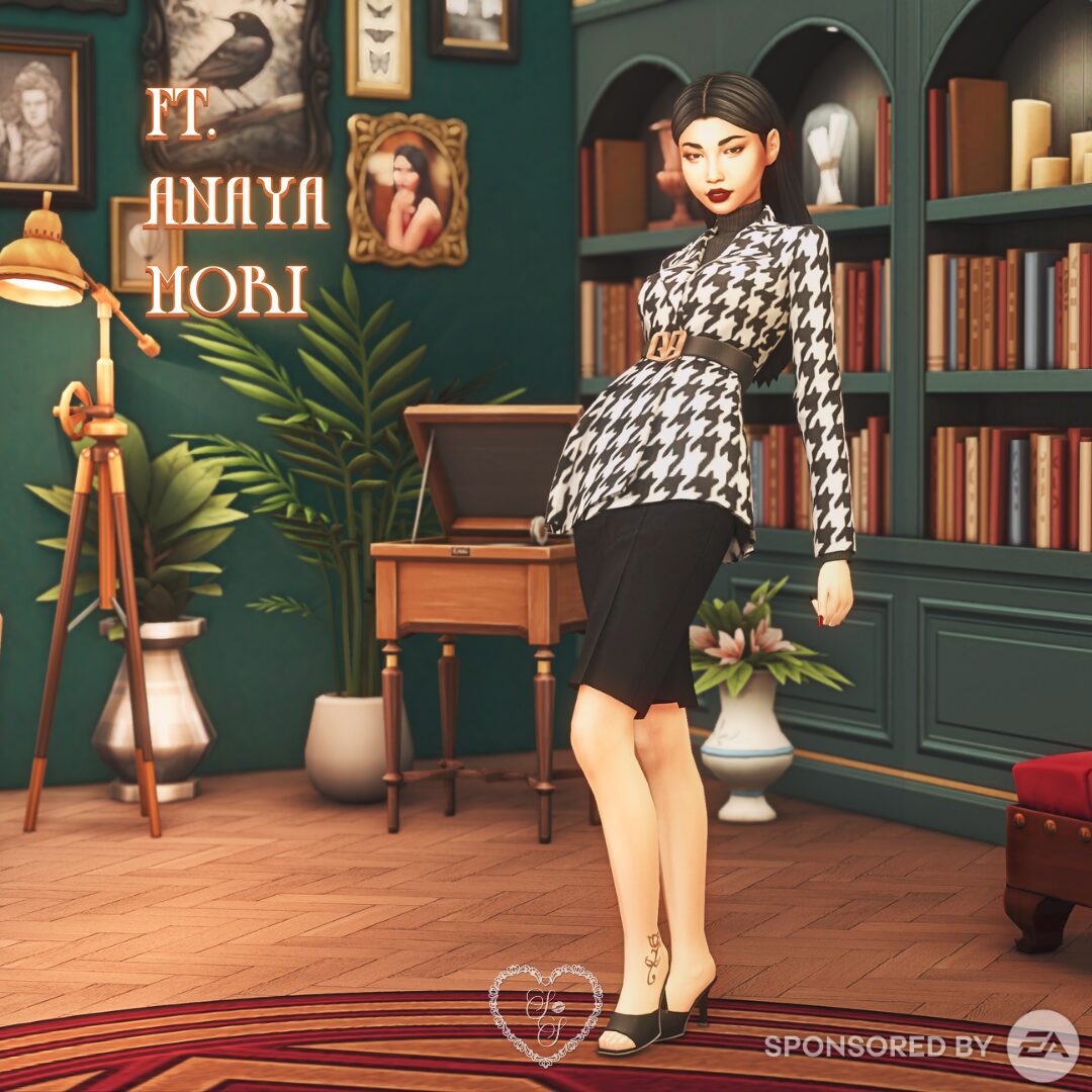 Anaya Mori stands tall in a tailored houndstooth blazer with a black pencil skirt and heels. The decor behind her includes framed vintage portraits, adding to the academic charm of the setting.