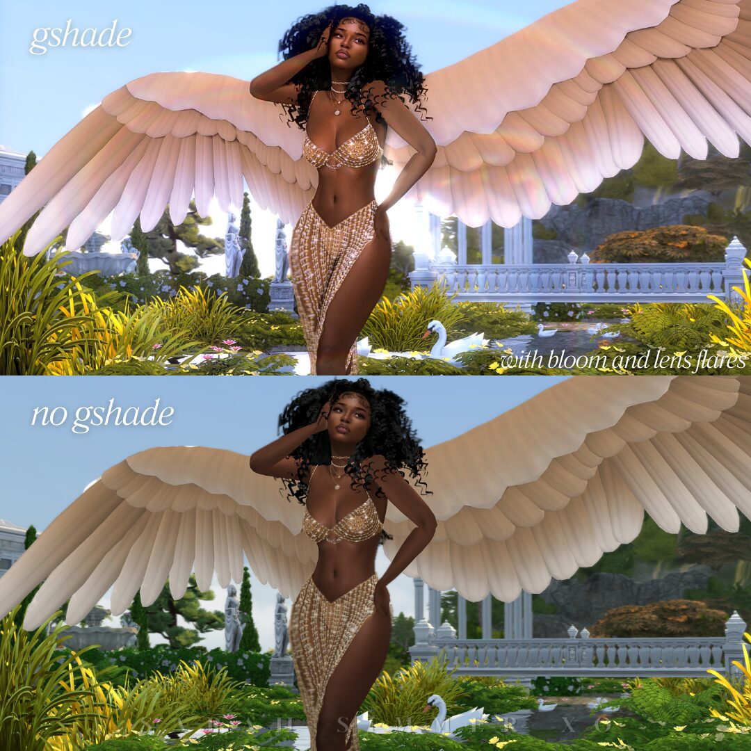 A Sims 4 Gshade preset comparison featuring a glowing Sim with angel wings standing in a garden, showcasing bloom and lens flares effects.