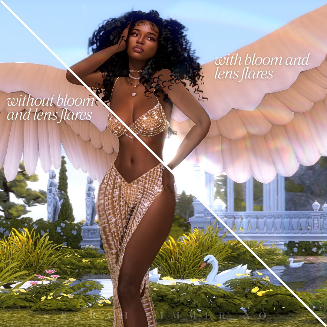 Split-screen image of a dark-skinned Sim in a gold outfit with white wings, showing the difference between Gshade with and without bloom and lens flares.
