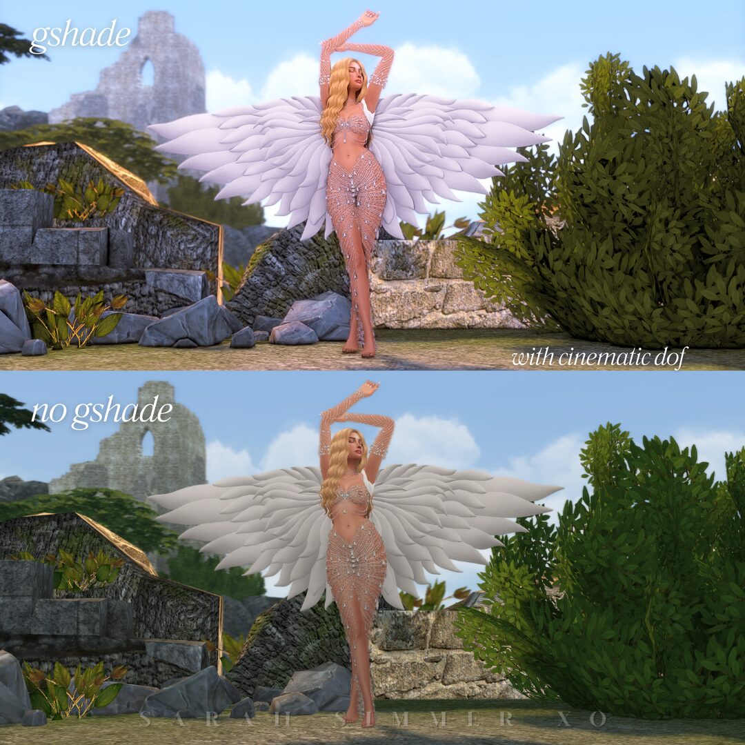 Blonde Sim in a sheer crystal outfit and large angel wings posing in front of ancient ruins, with and without cinematic depth of field applied.