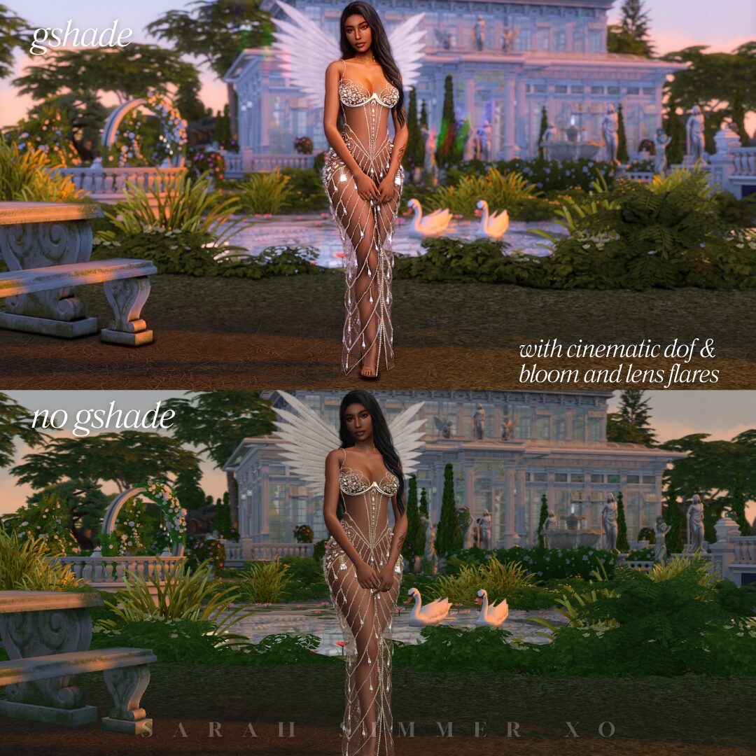 Elegant Sim in a crystal gown and angel wings standing in front of a glowing sunset-lit mansion, with cinematic DOF and lens flares active.