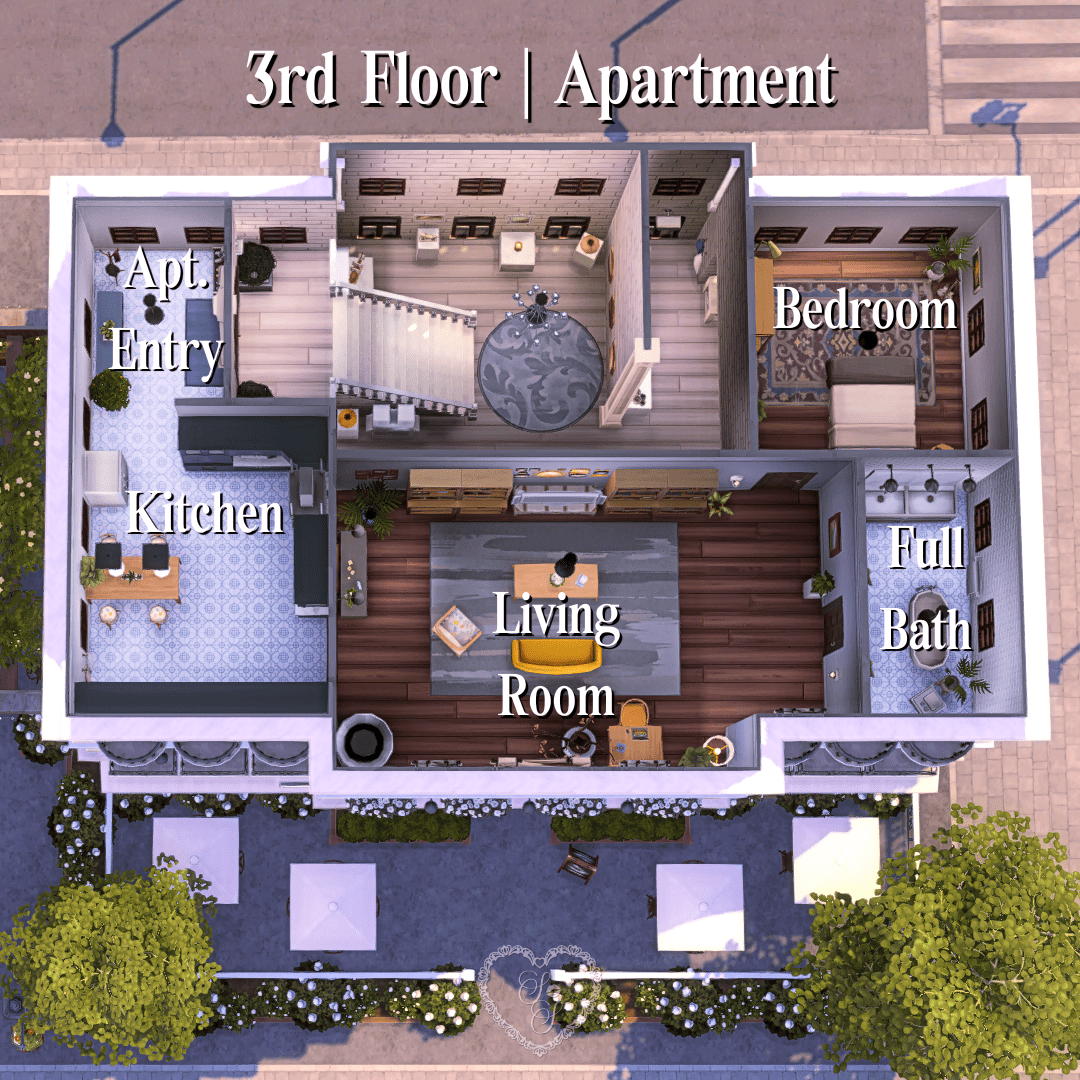 Top-down view of the 3rd-floor for The Artisan Café apartment layout showing kitchen, living room, bedroom, and full bath.