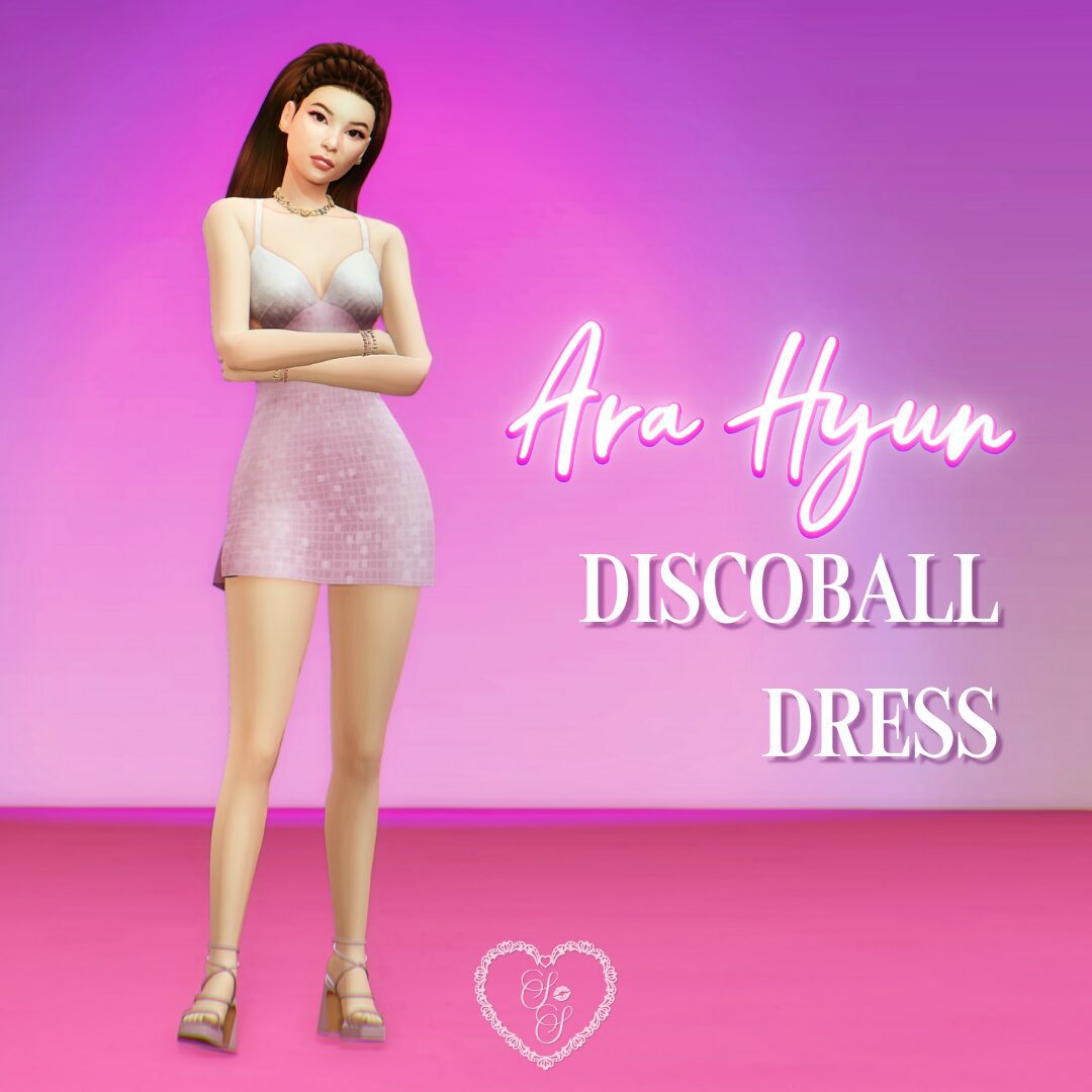 Ara Hyun poses with arms crossed in a shimmering lavender mini dress, giving sleek 2000s energy with platform heels and a glossy ponytail.