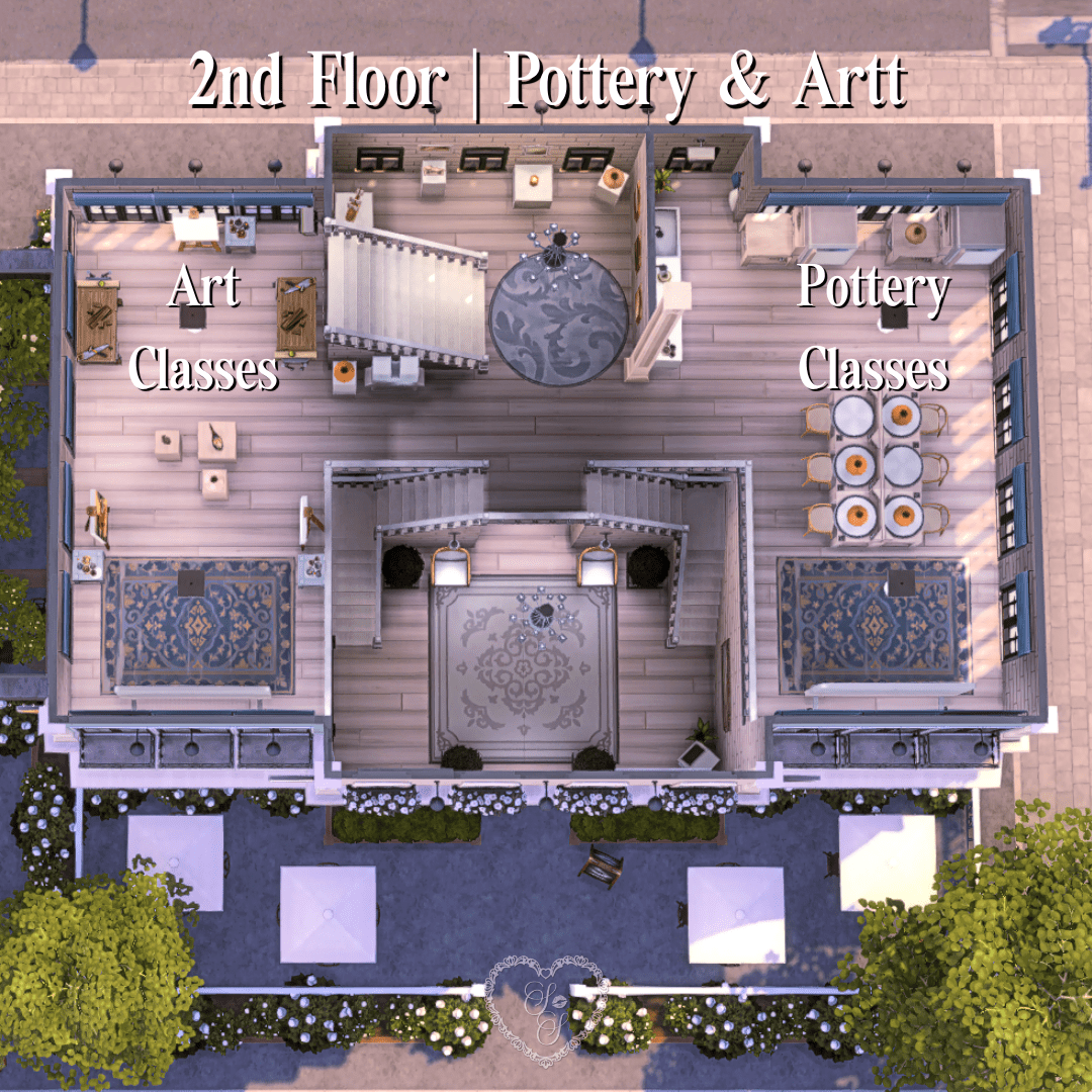 Floor plan of the second floor of the Artisan Café featuring designated rooms for art classes and pottery workshops.
