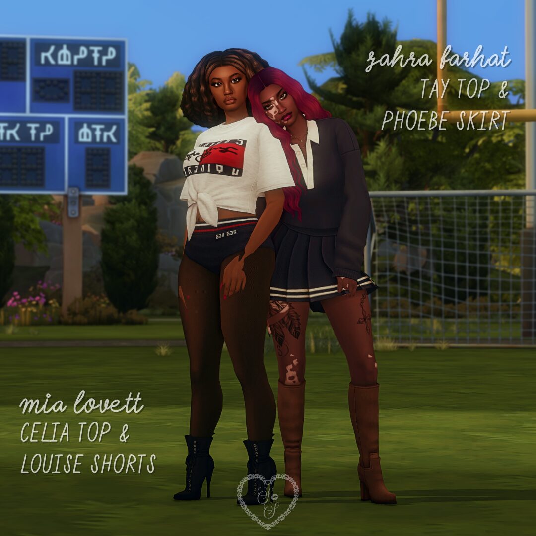 Two Sims stand on a grassy field—one in a sporty knotted tee and shorts, the other in a dark preppy skirt set and boots, styled with bold tights and tattoos.