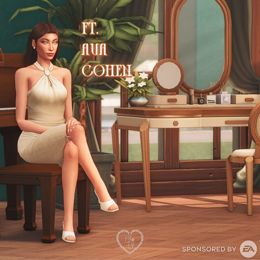 Ava Cohen is seated at a grand piano in a cream halter dress, styled with soft waves and a neutral-toned makeup look, with a vanity set visible in the background.