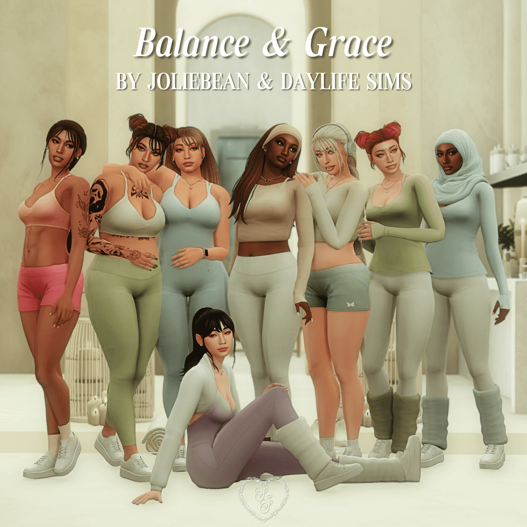 A full group shot of eight Sims from the Balance & Grace lookbook, dressed in pastel workout outfits created with custom content by Joliebean and DaylifeSims. The Sims pose confidently in a serene, spa-like studio, showcasing Sims 4 CC for yoga and wellness gameplay.