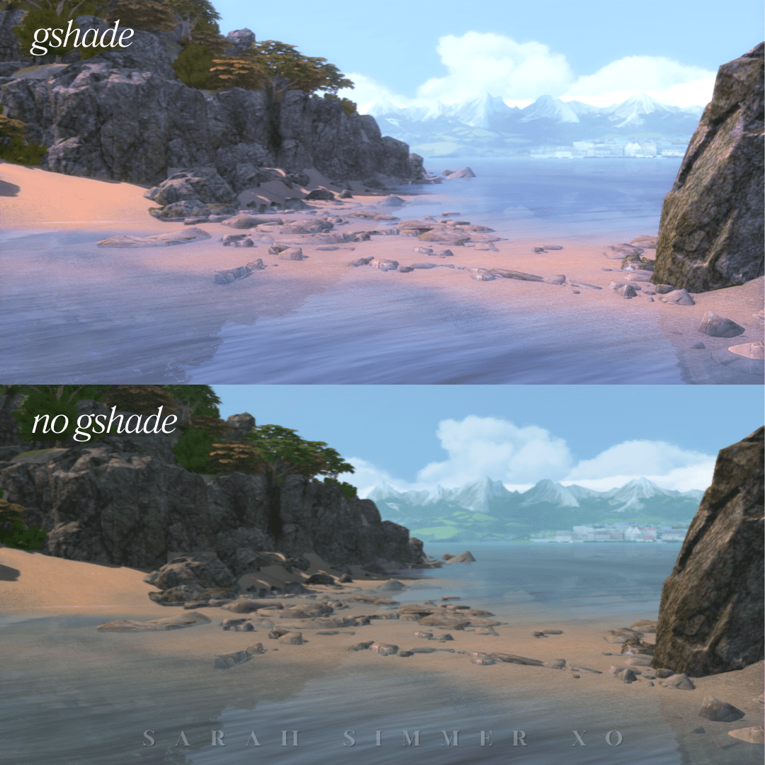 Coastal shoreline with soft waves and rocky cliffs, shown with and without Gshade; the preset enhances warmth, depth, and ocean glow.