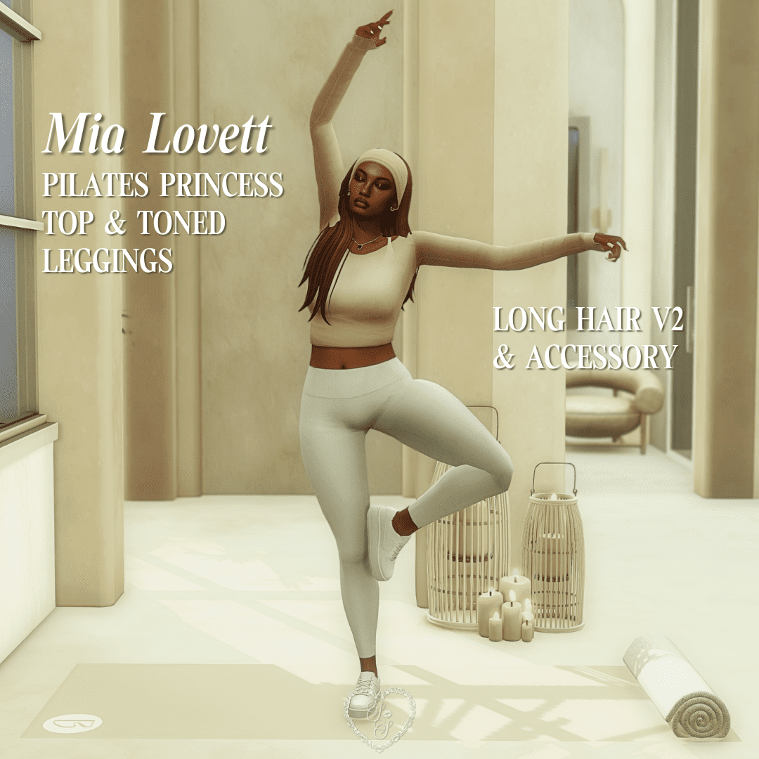 Sim Mia Lovett balances on one foot in a creamy Pilates Princess top and toned leggings with Long Hair V2 and a soft headband accessory. The neutral lighting adds to the spa-like feel.