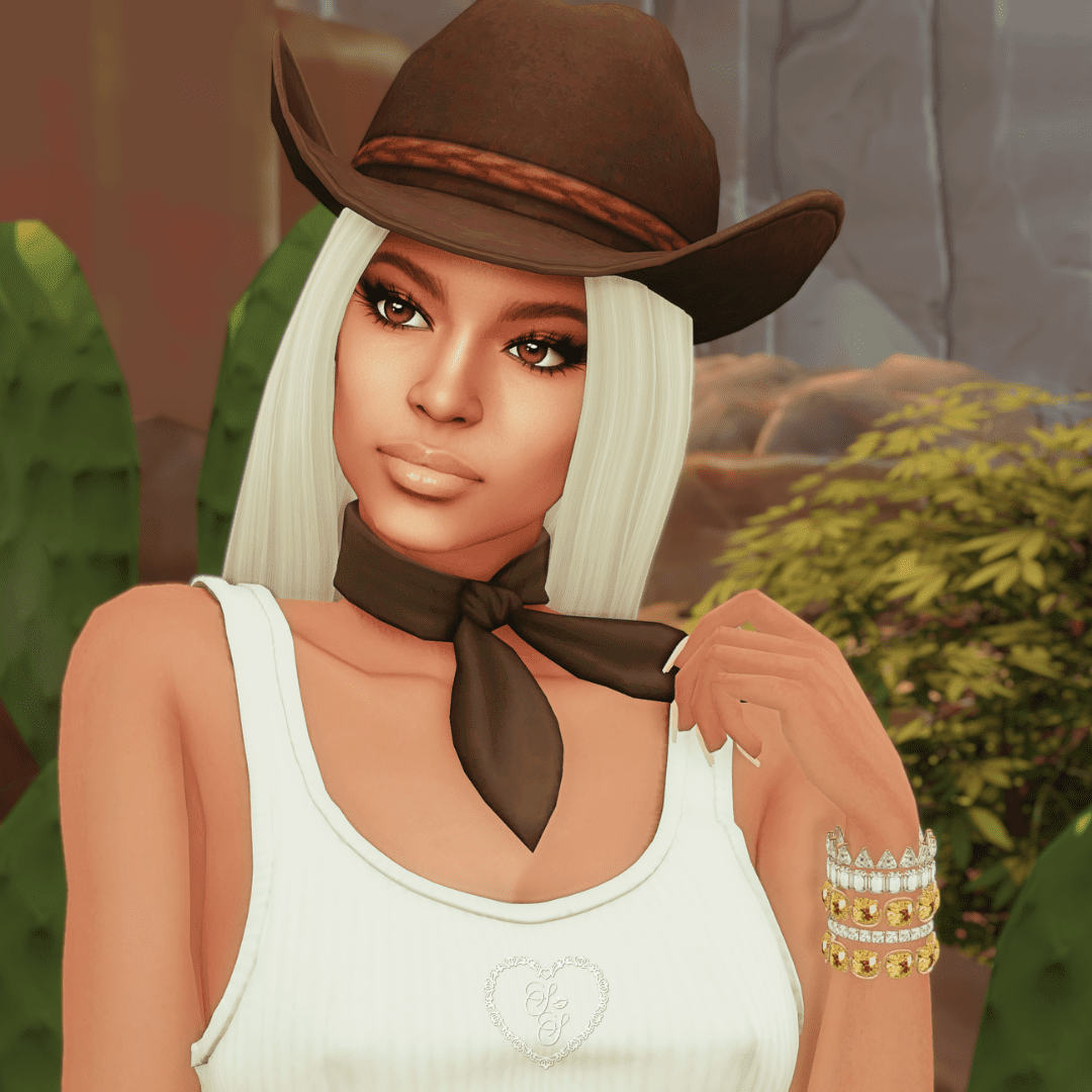 A close-up of Beyoncé’s Sim face, featuring glam makeup and a cowboy hat, with cacti and soft lighting in the background.