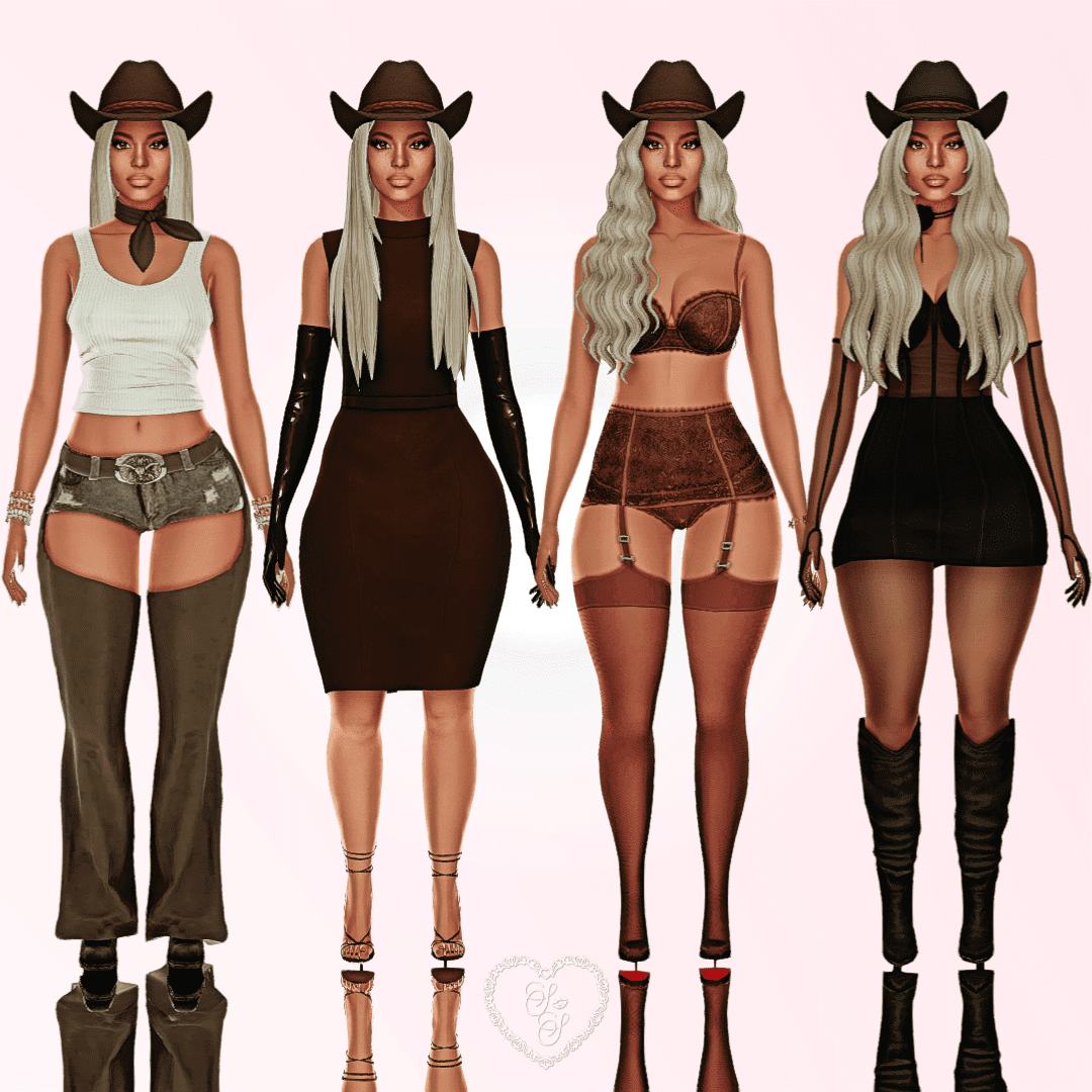 Four Beyoncé-inspired Sims outfits lined up, featuring western glamour from chaps to leather gloves and corsetry.