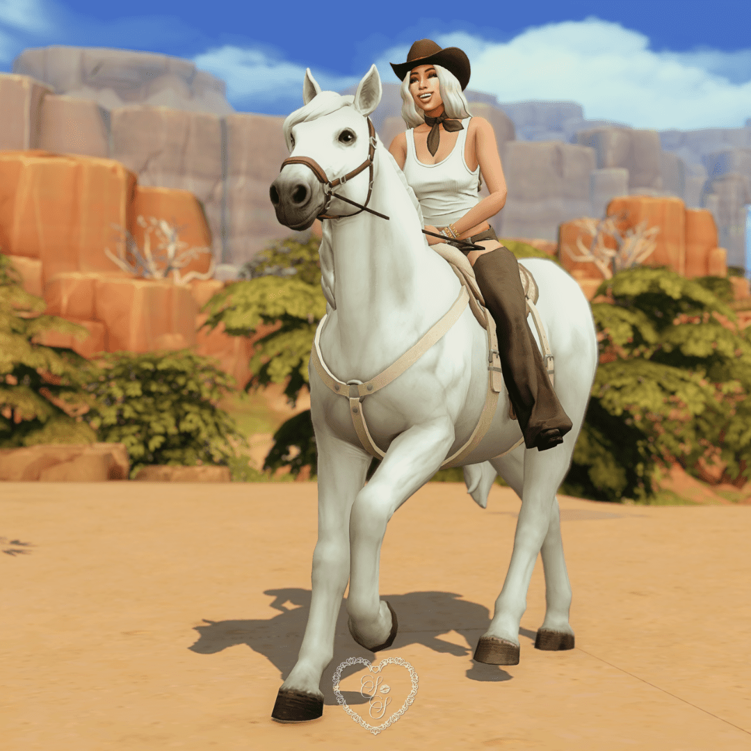 Sims 4 Beyoncé joyfully riding Chardoneigh across a scenic Western landscape in a white tank and chaps.