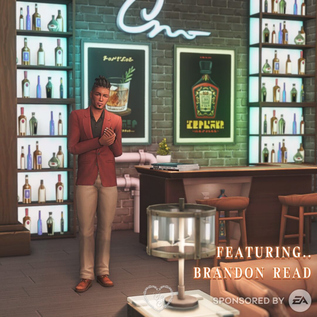 Brandon Read stands in a modern bar setting, styled in a sharp maroon blazer and neutral slacks, ready to charm any Sim in sight.