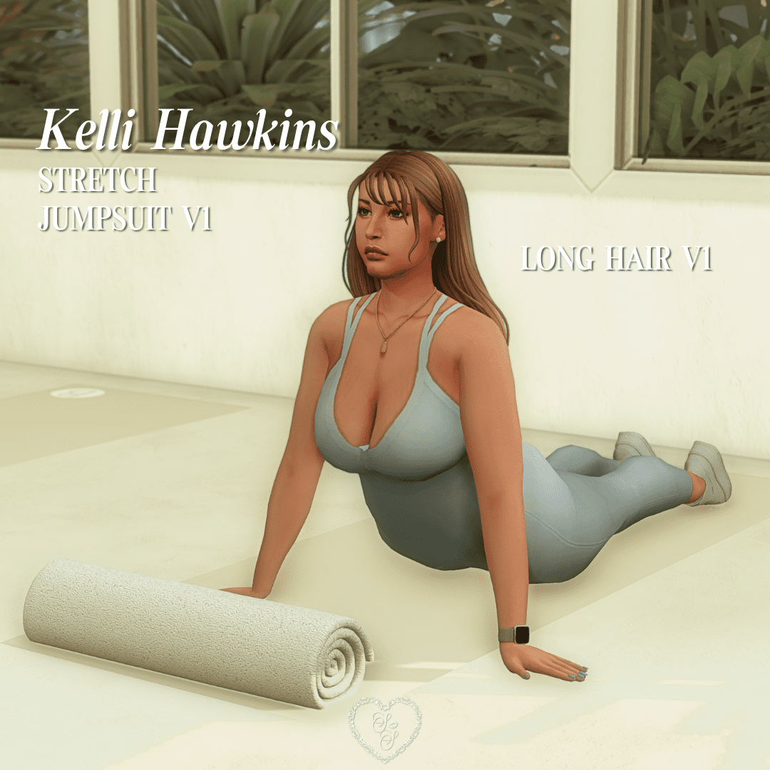 Sim Kelli Hawkins stretches in a soft periwinkle stretch jumpsuit, styled with Long Hair V1 and a gold necklace. She poses in a grounded cobra stretch next to a rolled yoga mat.
