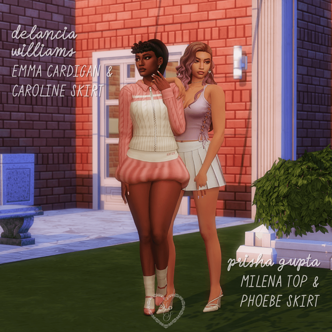 A dreamy Sims 4 lookbook duo in soft pinks—one in a puffy cardigan and textured mini, the other in a satin bow tank and sleek white skirt.