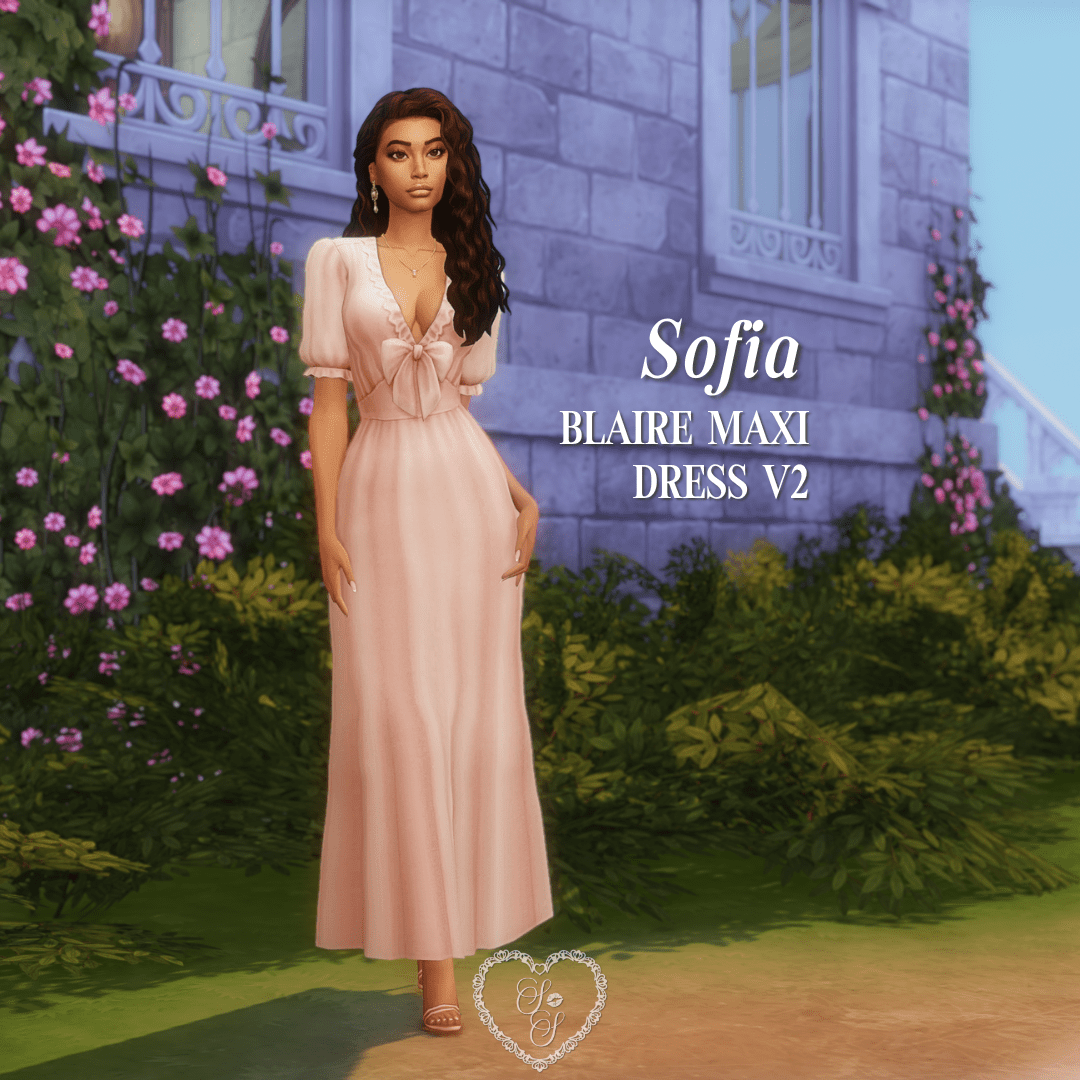 Sofia poses beside a stone villa wall surrounded by blooming roses, wearing a soft pink maxi dress with puff sleeves and a statement bow.