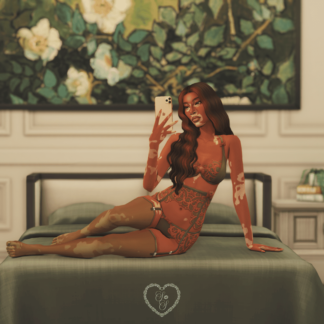 Sim sitting on the edge of a bed, smiling while holding a phone—perfect for a modern, confident Sims 4 storyline.