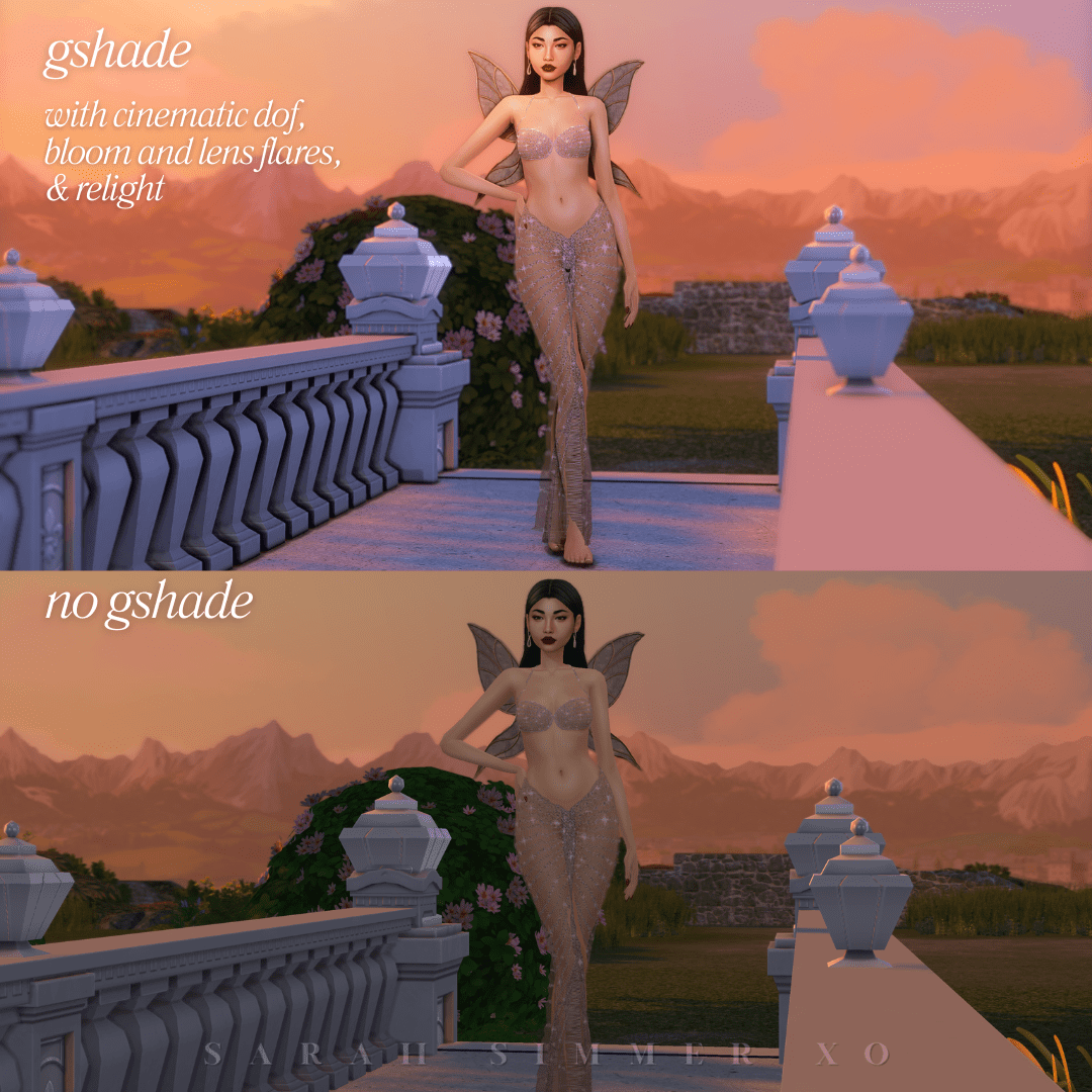 Full-body fairy Sim walking across a decorative bridge at sunset, shown with Gshade preset lighting and toggles enabled vs. no preset.