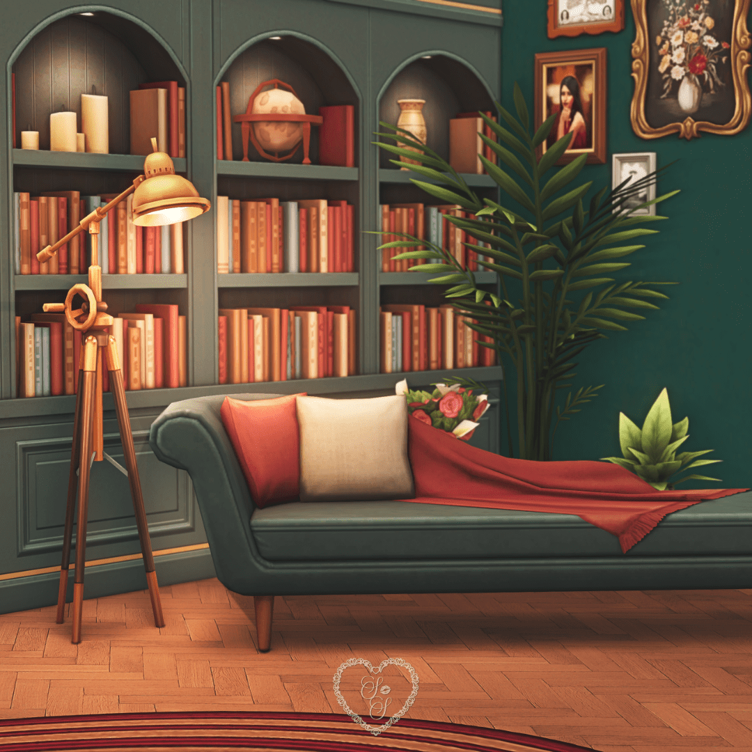 A luxe dark green chaise lounge with coral pillows and a throw, set in front of built-in bookshelves and bold indoor plants.
