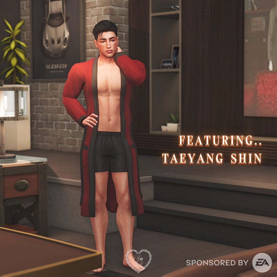 Taeyang Shin looks effortlessly dreamy in a deep red robe and black boxers, posing in a softly lit, masculine Sims 4 lounge interior.