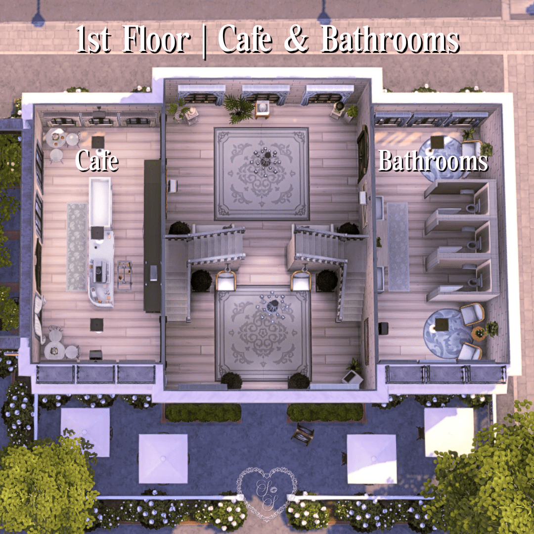 First-floor layout for the Artisan Café showing the café counter area and bathrooms, with symmetrical staircase design.