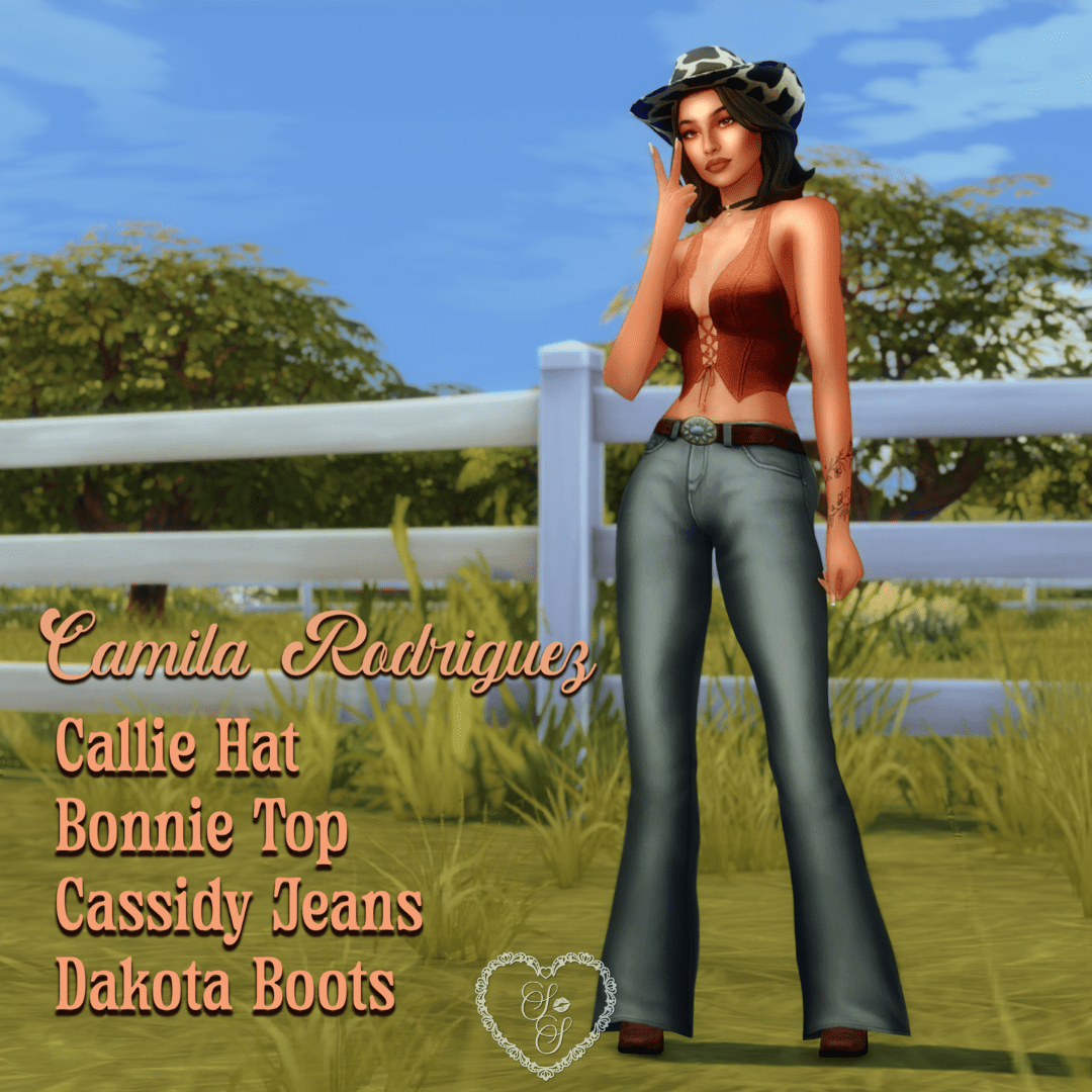 Sim Camila rocks a bold cowgirl outfit from the Sims 4 Howdy Set by Arethabee, complete with wide-leg jeans and a patterned hat.