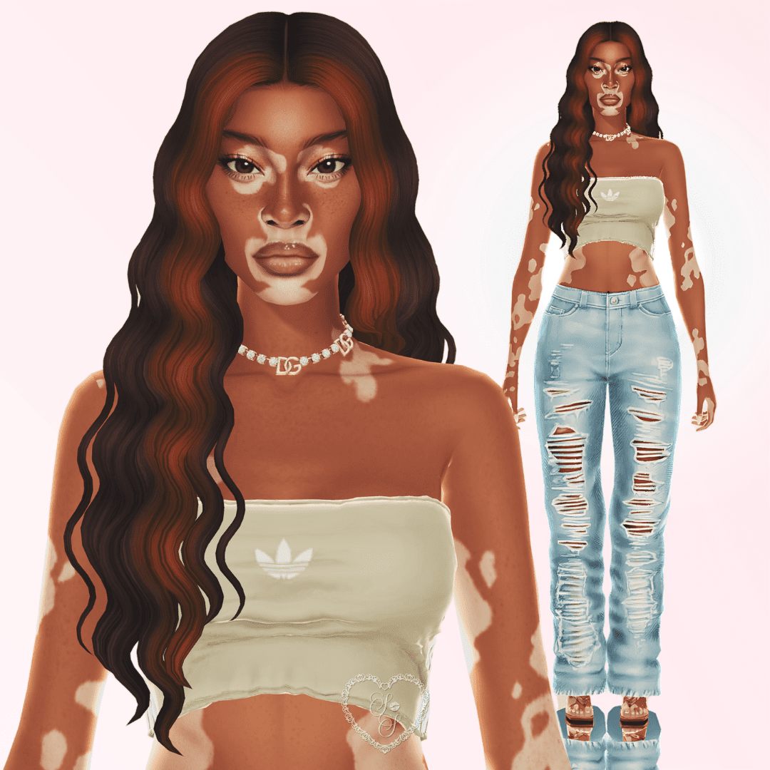 CAS-style preview of a Sims 4 sim inspired by Winnie Harlow, showing her soft waves and neutral streetwear look.