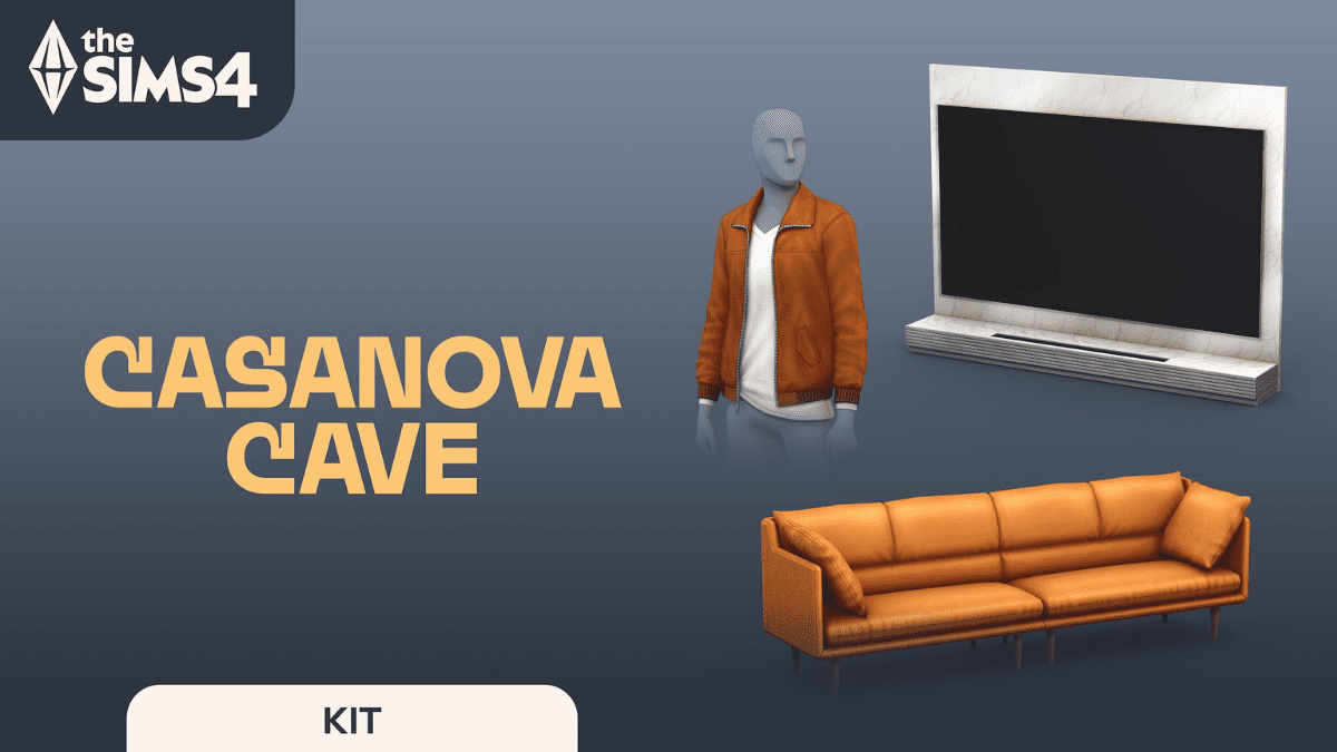 casanova cave kit – Full Width Image – 1200x675 Group of Sims wearing masculine CAS outfits from The Sims 4 Casanova Cave Kit, posed in a stylish loft lounge. This Sims 4 lookbook highlights cozy, romantic fashion for masculine-frame Sims.