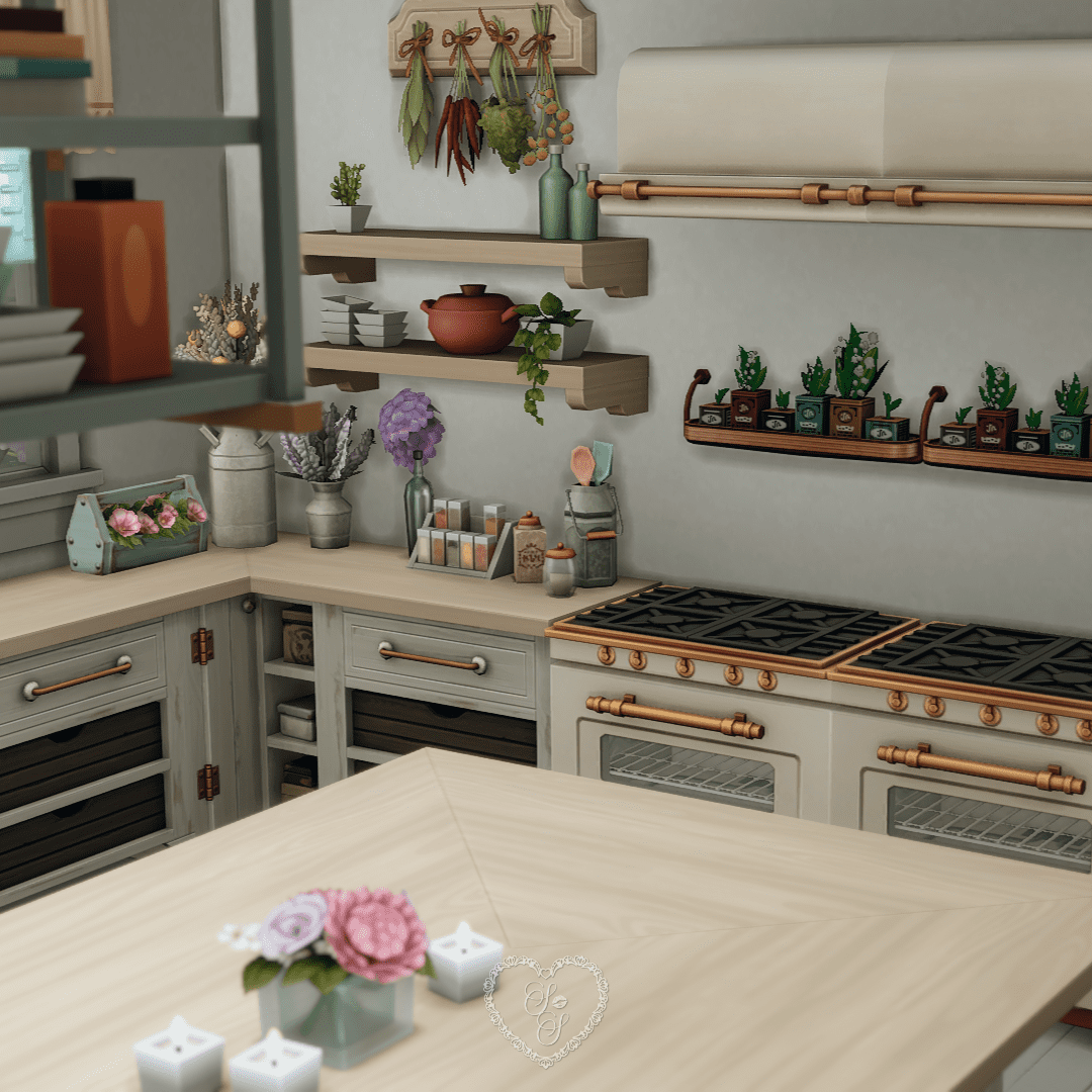 A close-up of rustic kitchen counters filled with spices, potted herbs, hanging chili bundles, and copper cookware.