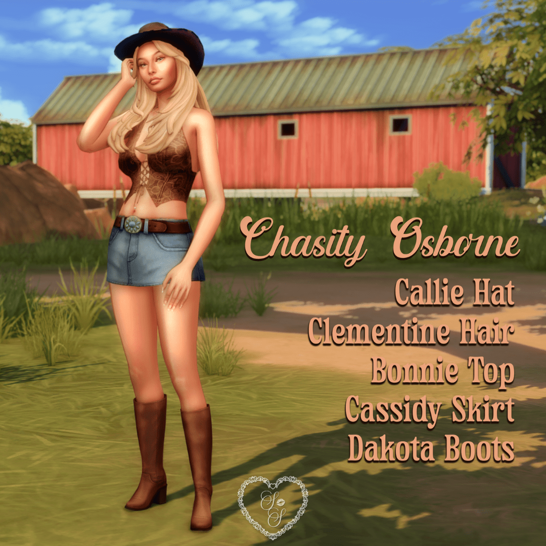 Sim named Chasity poses in front of a red barn wearing the Clementine hair, Callie hat, Bonnie top, Cassidy skirt, and Dakota boots in a glam ranch style.