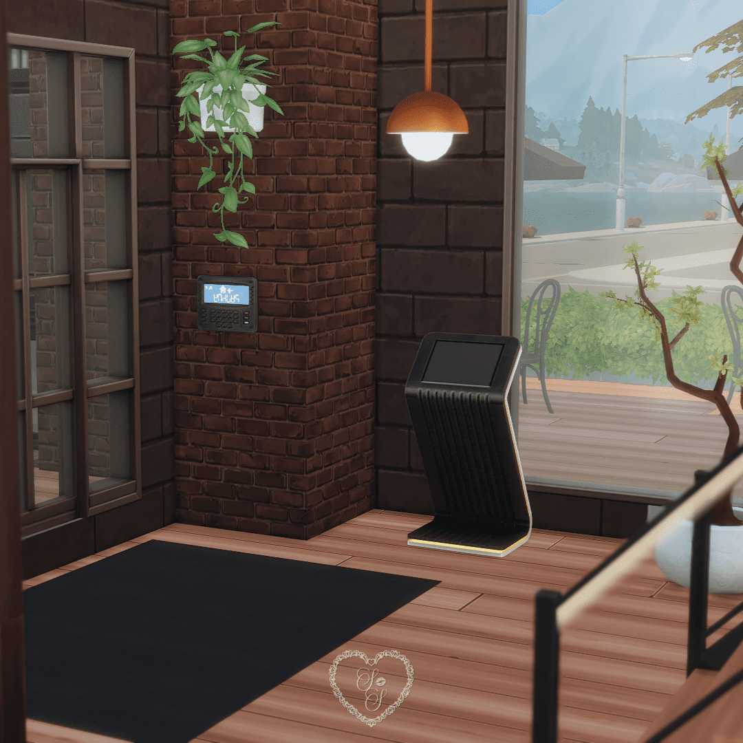 A sleek check-in kiosk sits near the front door alongside a digital wall display and hanging greenery, adding modern flair to the reception area.